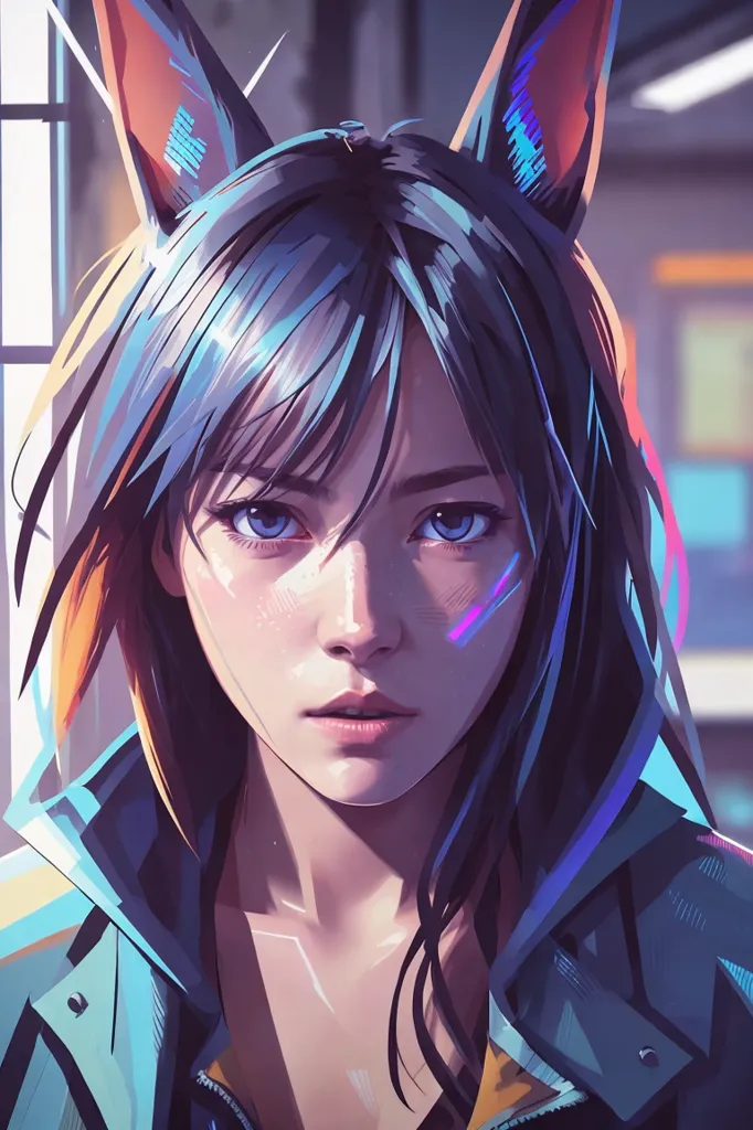 The image is a portrait of a young woman with cat ears. She has blue hair and blue eyes, and is wearing a blue jacket. The background is blurry and looks like a city. The woman is looking at the viewer with a serious expression.