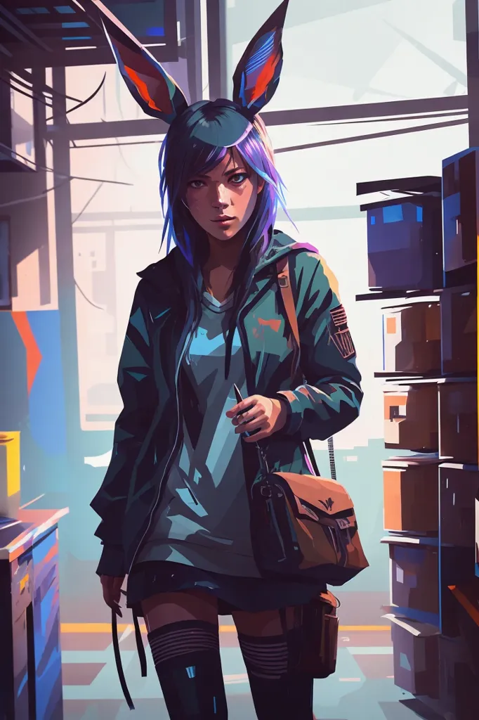 The image is of a young woman with blue hair and rabbit ears. She is wearing a green jacket, a white shirt, and black shorts. She is also wearing a brown bag over her shoulder. She is standing in a room with a lot of boxes and crates. There is a blue light coming from the left side of the image.