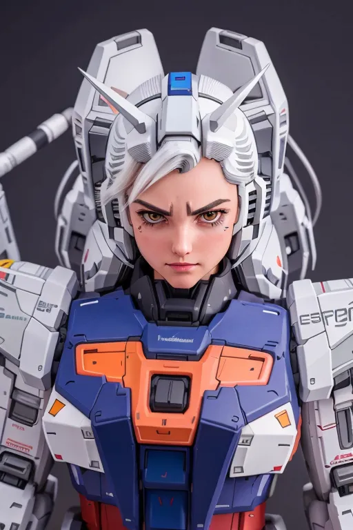 A imagem mostra uma renderização realista de um personagem feminino com cabelos brancos e olhos laranja. Ela está usando um traje blindado branco e azul com um orbe vermelho no centro do peito. O traje possui vários detalhes tecnológicos e texturas. O personagem tem uma expressão séria no rosto.