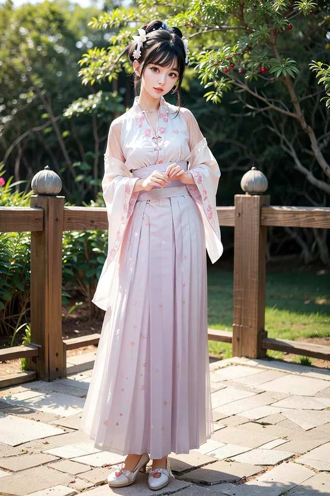 The image shows a young woman wearing a beautiful Chinese dress (Hanfu) with pink and white colors. The dress has a long skirt and a short top, both with floral patterns. The woman has her hair in a bun and is wearing traditional Chinese hair accessories. She is standing in a garden, surrounded by trees and flowers.