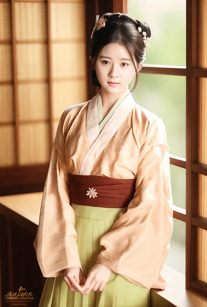 The image shows a young woman wearing a traditional Chinese Hanfu dress. The dress is light orange with white and green accents. The woman has her hair in a bun and is wearing a red flower hairpin. She is standing in front of a wooden window frame.