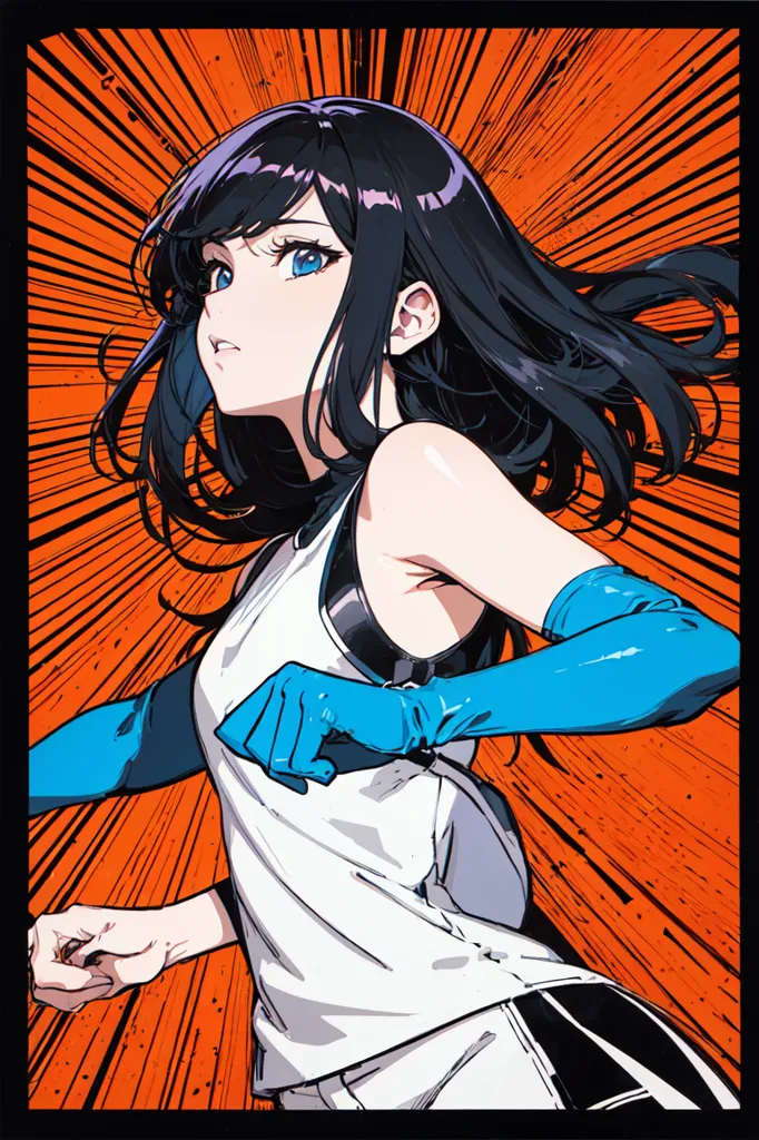 This is an illustration of a young woman in a white tank top and blue gloves. She has long black hair and blue eyes. She is standing in a fighting stance with her left fist raised and her right fist at her side. She is surrounded by orange and yellow energy lines. The background is a gradient of orange and yellow.