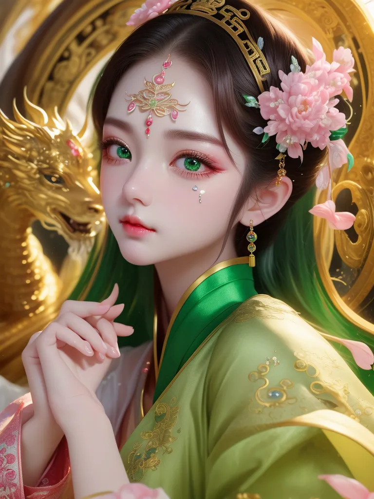 The image shows a beautiful young woman with long brown hair and green eyes. She is wearing a traditional Chinese dress with a green outer robe and a pink inner robe. The dress is decorated with gold and silver thread, and she is wearing a necklace and earrings with jade pendants. Her hair is adorned with pink and white flowers, and she has a small dragon hairpin in her hair. She is sitting on a golden throne, and there is a golden dragon behind her. The background is a golden wall with a dragon design.