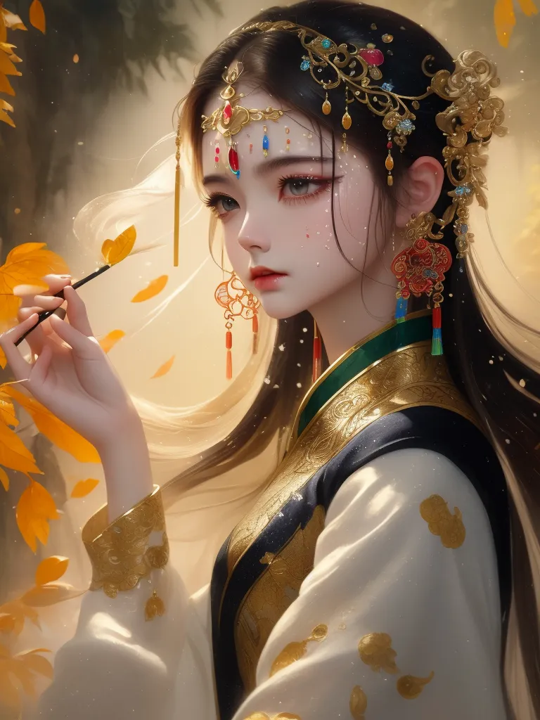 Ceci est une image d'une belle femme asiatique aux longs cheveux ondulants. Elle porte une robe traditionnelle chinoise aux détails complexes et a une épingle à cheveux en forme de phénix dans ses cheveux. L'arrière-plan est un flou de feuilles d'automne. La femme tient un pinceau et semble peindre.