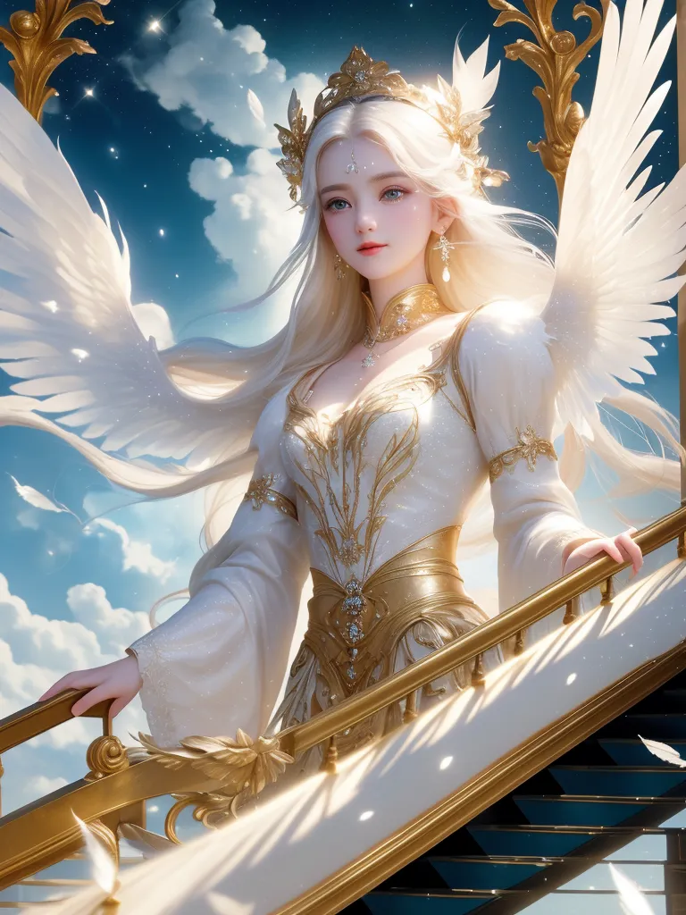 The image shows a beautiful woman with long white hair and blue eyes. She is wearing a white dress with a gold corset and has a gold crown on her head. She is also wearing a necklace and earrings. She has wings that are a mix of white and gold. She is standing on a balcony or terrace with a gold railing. There are clouds and stars in the background.