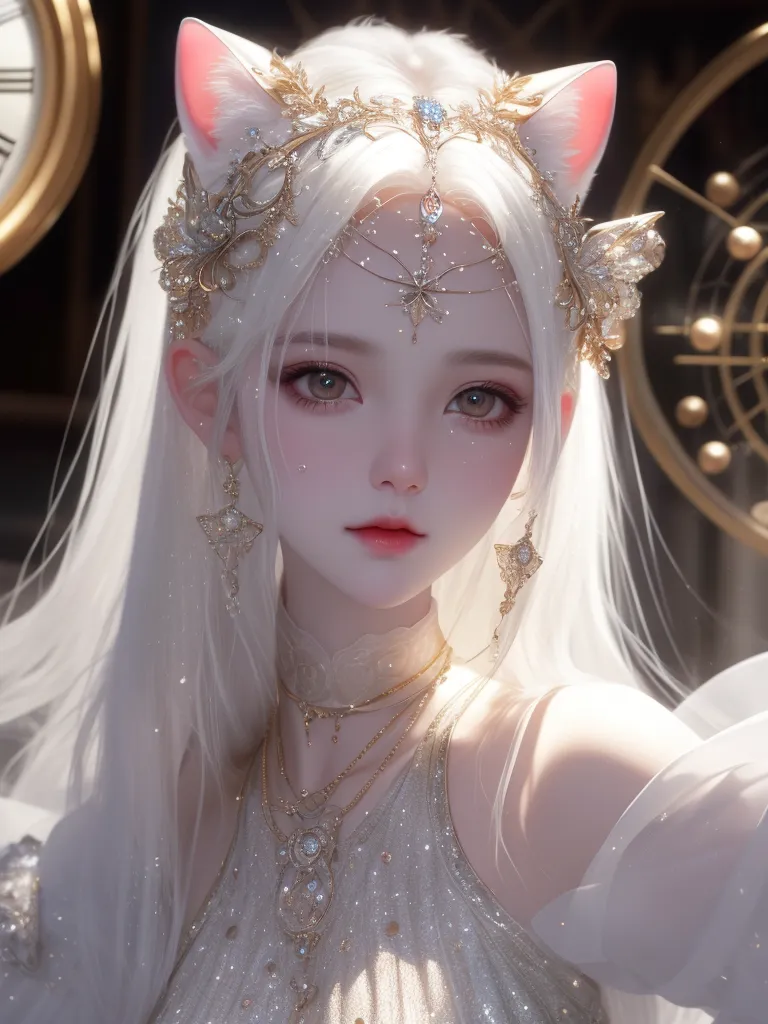 The image shows a beautiful anime girl with long white hair and cat ears. She is wearing a white dress with a golden corset and a necklace with a large diamond in the center. She also has a golden tiara on her head and long golden earrings. Her eyes are a light pink color and she has a gentle smile on her face. She is standing in front of a large clock.