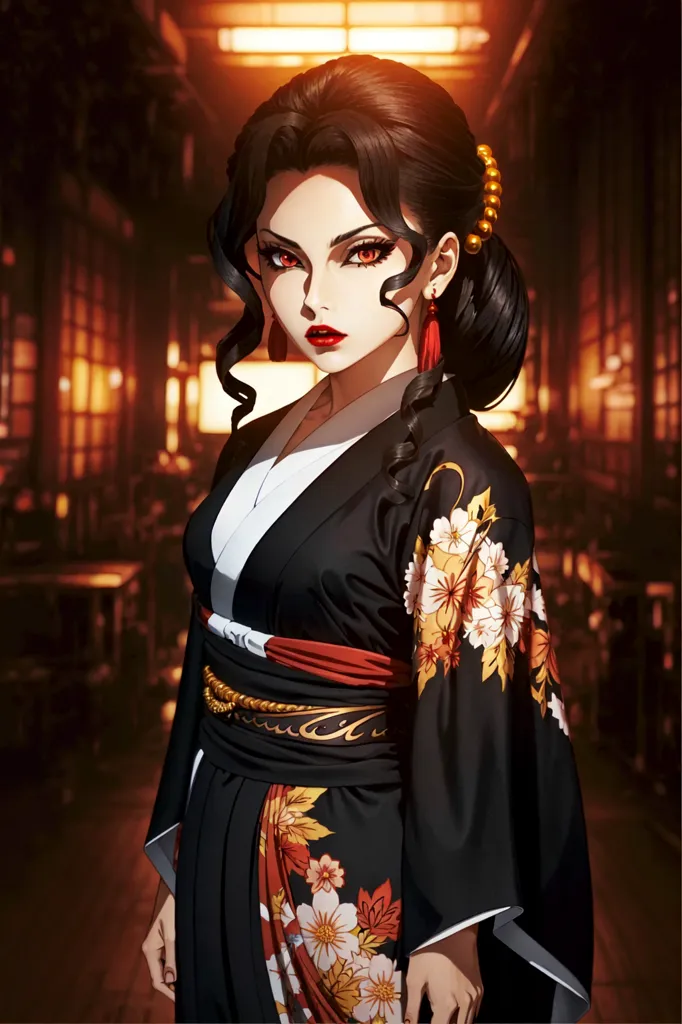 The image is of a young woman with long black hair and red eyes. She is wearing a black kimono with a red and white floral pattern. The kimono is tied with a red obi sash. She is also wearing white tabi socks and zori sandals. The woman is standing in a dark room, with a red light shining on her. There are Japanese-style buildings in the background. The woman has a serious expression on her face.