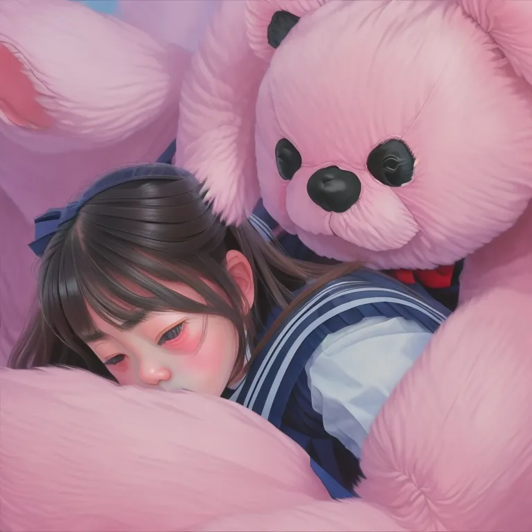 La imagen es una pintura de una niña durmiendo sobre un oso de peluche rosa gigante. La niña lleva una camisa blanca con cuello azul. El oso de peluche es rosa y tiene ojos y nariz negros. La niña está durmiendo con la cabeza apoyada en el pecho del oso de peluche. La pintura está hecha en un estilo realista y los colores son muy vibrantes. La pintura también es muy detallada y el artista ha prestado mucha atención a los detalles del pelaje de la niña y del oso de peluche.