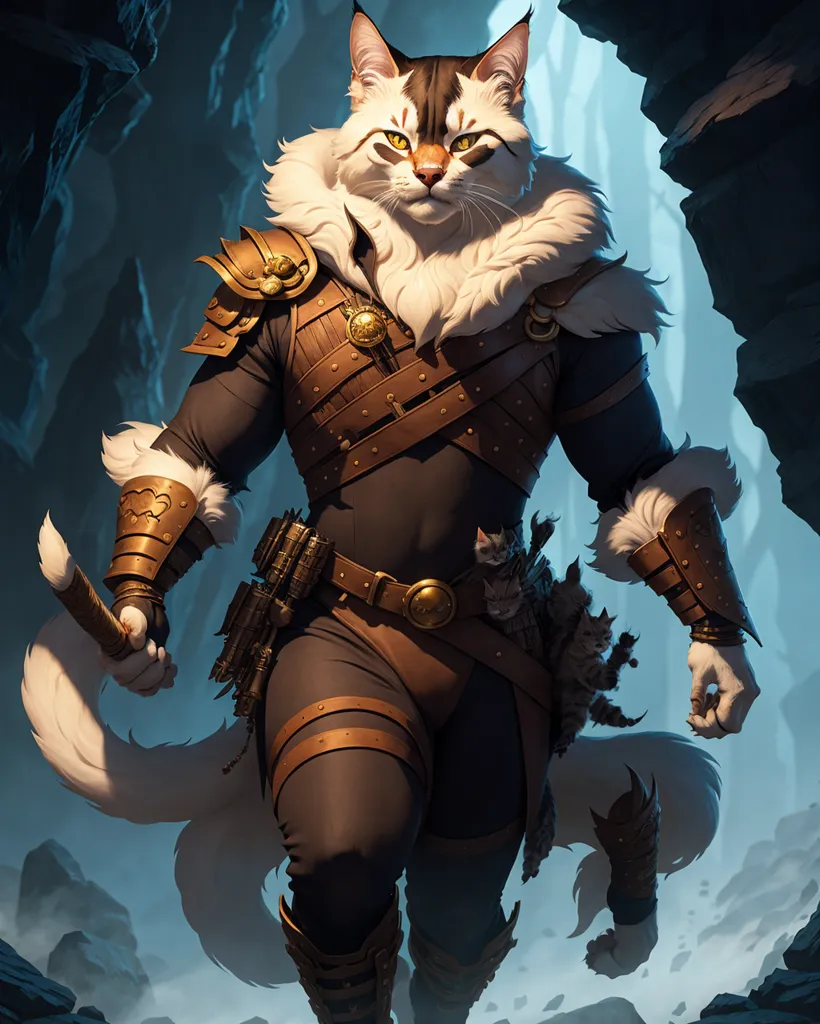 This image shows a Tabaxi, a cat-like humanoid creature, standing in a dark cave. The Tabaxi is muscular and has a long, flowing mane of white fur. It is wearing a black leather armor vest with gold trim and brown leather pants. It is also wearing a belt with a pouch on it and has a sword sheathed on its hip. The Tabaxi is holding a staff in its right hand and has a small catlike creature perched on its shoulder. The Tabaxi is looking at the viewer with a confident expression.