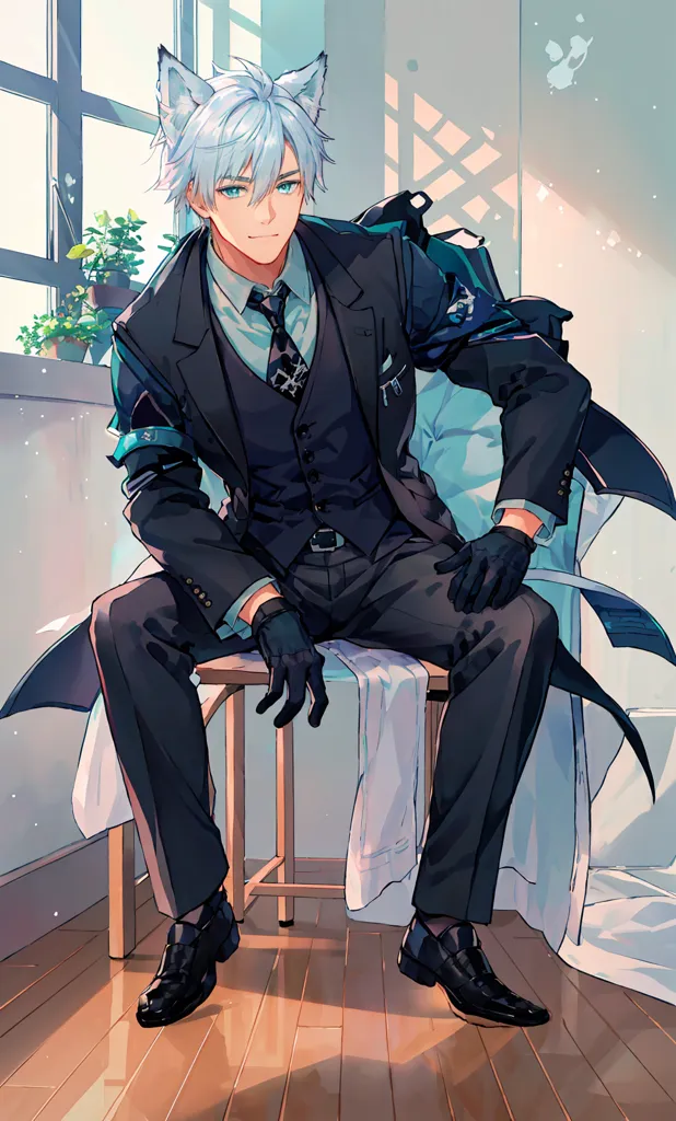 The image is of a young man with white hair and blue eyes. He is wearing a black suit and tie, and has a white rose pinned to his lapel. He is sitting in a chair, with one leg crossed over the other. His hands are resting on his lap, and he has a confident smile on his face. He has cat ears and a tail. There is a potted plant on a window sill behind him.