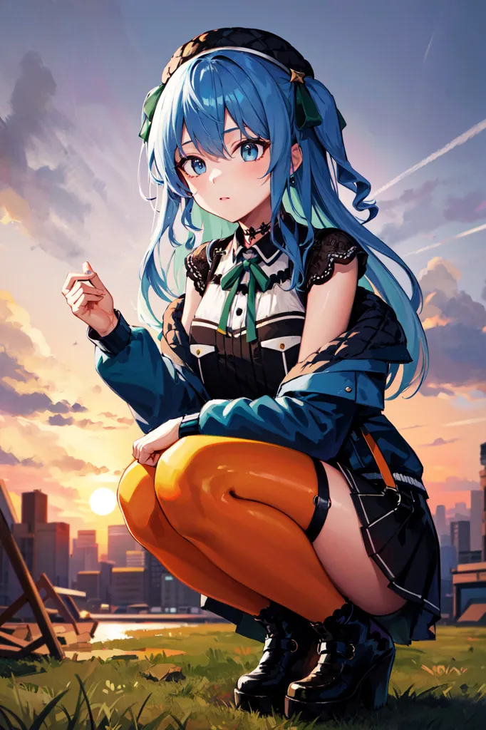 The image is an anime-style drawing of a young woman with blue hair and orange eyes. She is wearing a blue jacket, a white shirt, and orange stockings. She is kneeling on the ground and looking at the viewer with a slightly puzzled expression. The background is a cityscape with a river running through it. The sun is setting and the sky is a gradient of orange and blue.