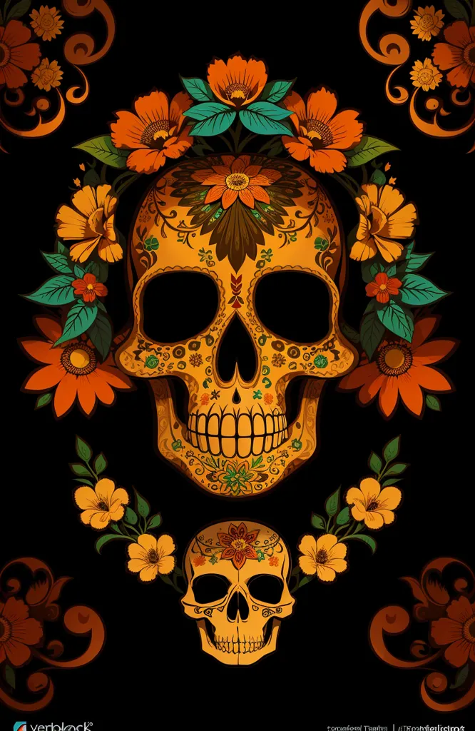 Esta é uma imagem de um crânio com um padrão floral. O crânio é decorado com flores laranja e amarelas e folhas verdes. O fundo é preto. O crânio tem um design de caveira de açúcar com padrões e designs intrincados.