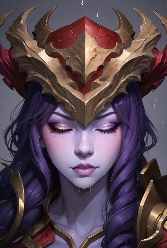 Esta é uma imagem de uma mulher com cabelo roxo e armadura dourada e vermelha. Ela tem os olhos fechados e há água escorrendo de seu rosto. Ela está usando uma coroa e tem uma expressão séria em seu rosto.