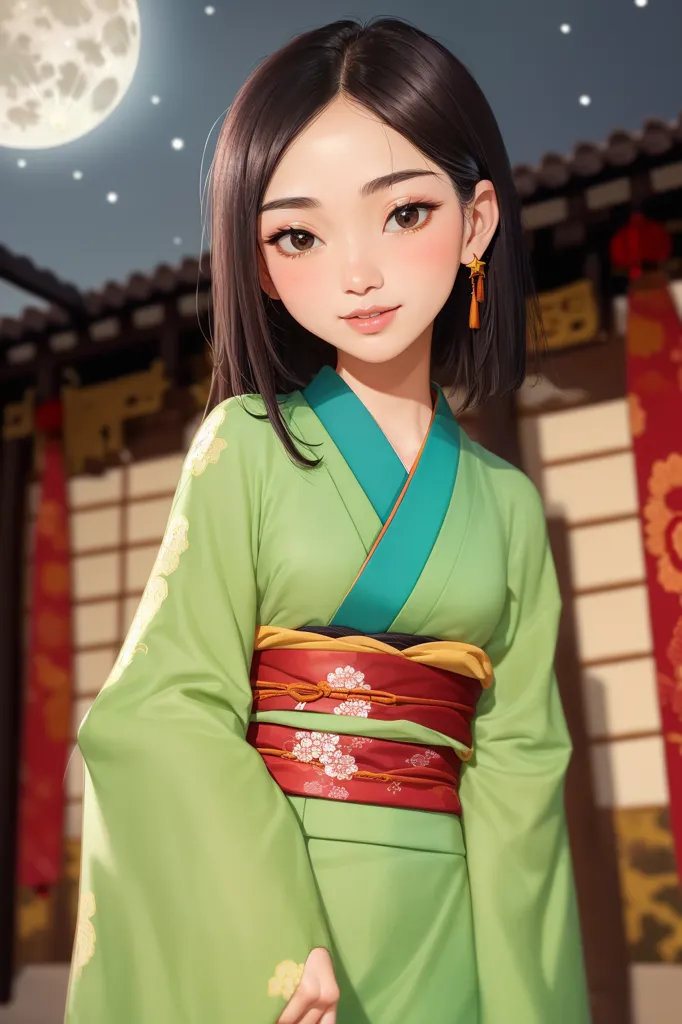 The picture shows a young woman, with long black hair. She is wearing a green kimono with a red and gold obi sash. There is a full moon in the background. The woman is standing in front of a traditional Chinese building.