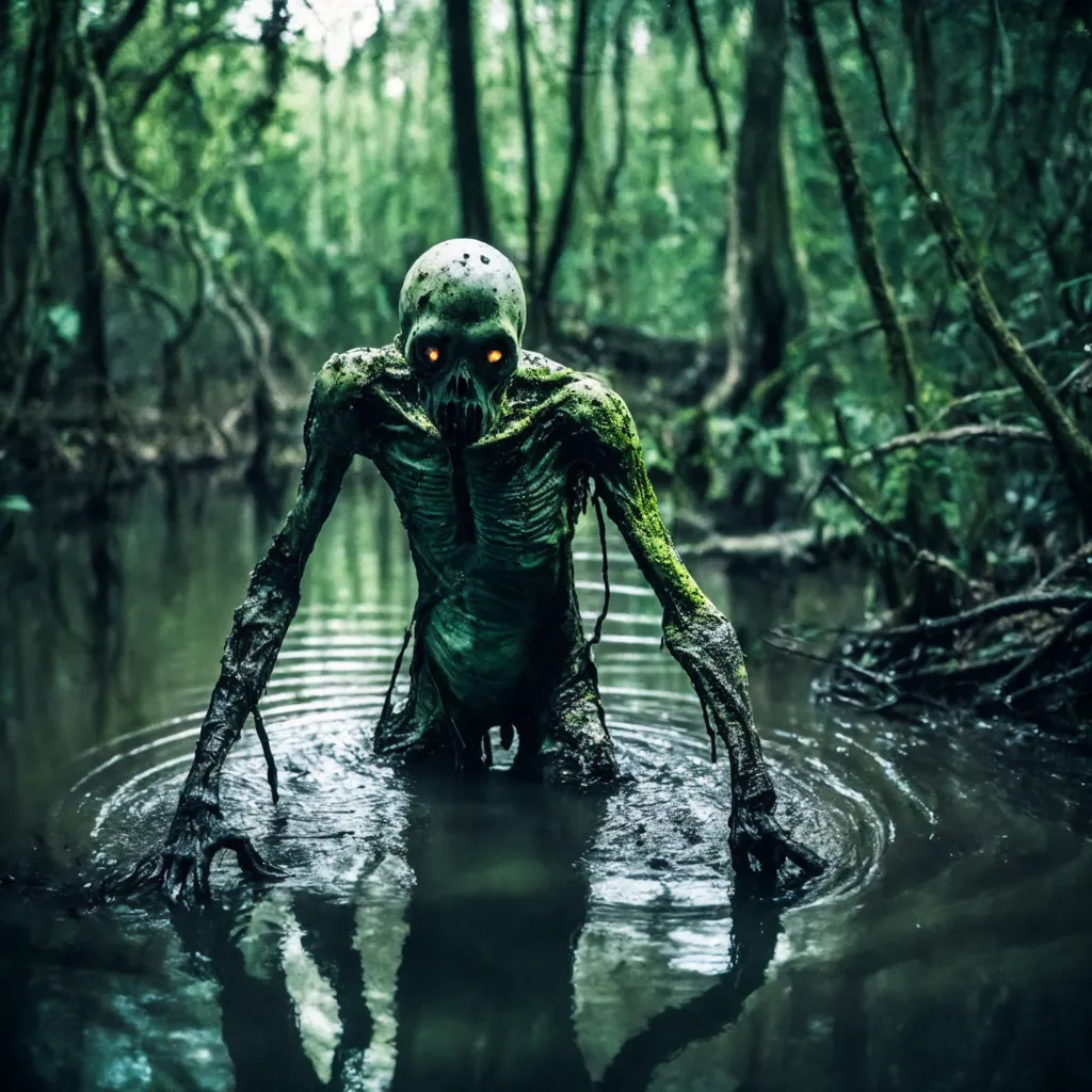 この画像は、沼地に立っている不気味な生物の写真です。この生物は背が高く細身で、長い腕と脚を持っています。その肌は緑色で腐敗しており、目は黄色く光っています。この生物は水の中に立っており、体は泥と苔に覆われています。画像の背景は暗く濁った沼地で、木々の枝が垂れ下がっています。この画像は不気味で雰囲気があり、危険と不安を感じさせます。