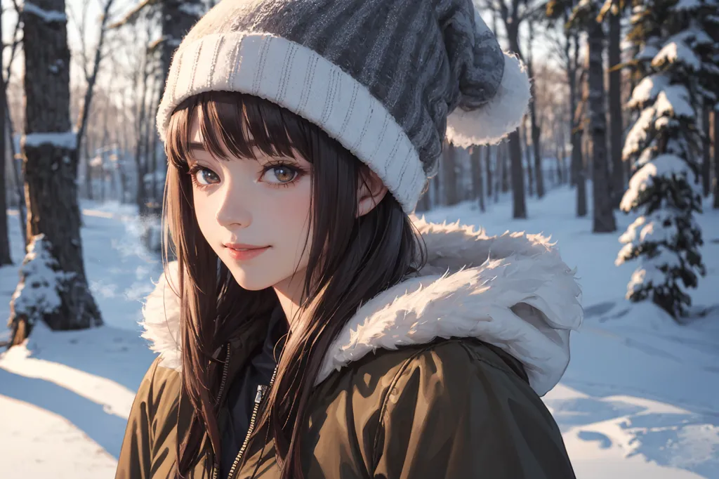 この画像には、雪に覆われた森の中に立っている若い女性が写っています。彼女は白いファーの襟付きの茶色のジャケット、灰色と白のストライプのビーニー帽を着用しており、長い茶色の髪がビーニーの下から流れ出ています。森の木々は裸で、地面には厚い雪が積もっています。太陽が明るく輝き、空は澄み渡った青空です。女性は微笑んでいます。