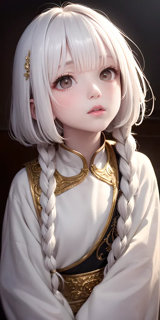 The image shows a young girl with long white hair and brown eyes. She is wearing a white and gold traditional Chinese outfit and has her hair braided. The background is a dark grey.