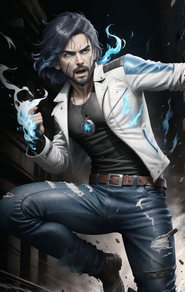 Esta es una imagen de un hombre con el cabello azul largo y una barba. Lleva una chaqueta blanca, una camisa negra y unos vaqueros azules. Tiene un cinturón con una hebilla plateada y un collar plateado con una gema azul en el centro. Está en posición de combate con un puño levantado y el otro sosteniendo una pequeña llama azul. Tiene los ojos entrecerrados y una expresión decidida en el rostro. El fondo es un paisaje urbano oscuro con edificios y escombros.