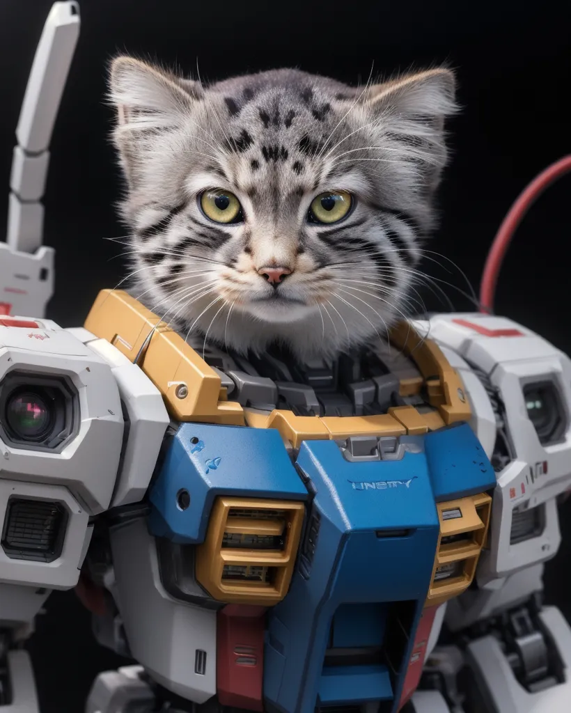 The image shows a cat wearing a Gundam mech suit. The cat is sitting in the cockpit of the mech, and its head is visible through the clear canopy. The mech is white and blue, with yellow and red accents. The cat is looking at the camera with a curious expression.