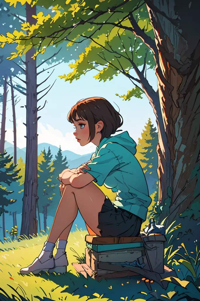 The image is a beautiful anime-style illustration of a girl sitting on a box in the middle of a forest. The girl has short brown hair and blue eyes, and she is wearing a green hoodie and black shorts. She is sitting with her legs crossed and her chin resting on her hand, and she has a thoughtful expression on her face. The forest is full of tall trees and green leaves, and the sun is shining brightly through the trees. The overall atmosphere of the image is peaceful and serene.