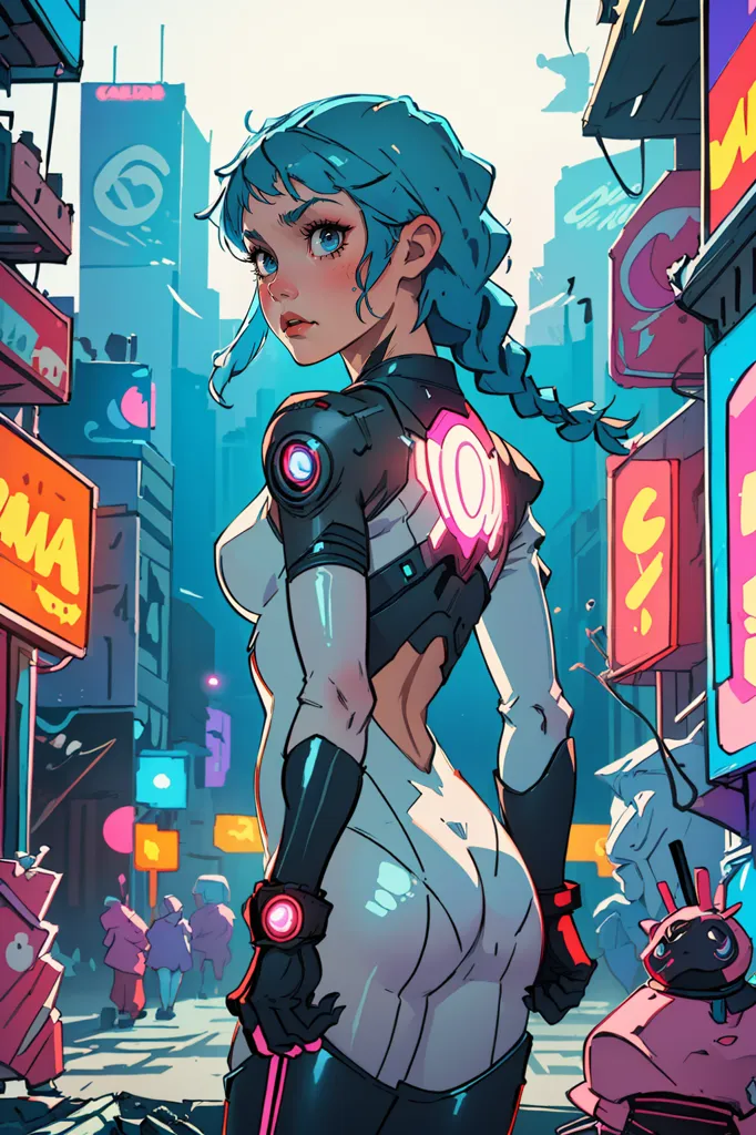 This is an image of a young woman standing in a futuristic city. She is wearing a white bodysuit with black and pink accents. She has blue hair and pink eyes. She is also wearing a pair of black gloves. There is a small robotic creature next to her. The city is full of tall buildings and neon lights. The woman is looking at something or someone.