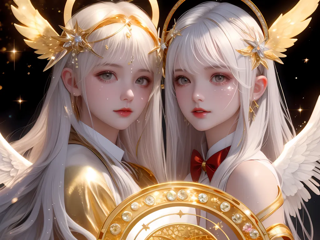 The image shows two beautiful women with long white hair and golden eyes. They are both wearing white dresses with golden details and have golden wings. The women are standing next to each other and are looking at the viewer. In the background, there are many stars and a crescent moon.