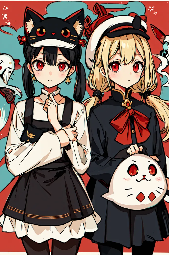 The image is of two anime-style girls. The girl on the left has black hair and red eyes, and is wearing a black hat with cat ears, a white blouse, and a black skirt. The girl on the right has blonde hair and red eyes, and is wearing a black hat, a white blouse, a red bow, and a black skirt. She is also carrying a stuffed animal. Both girls are standing in front of a red background with white and blue accents.