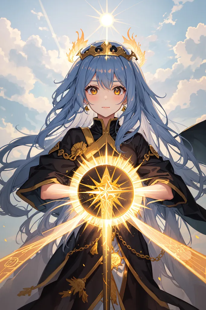 The image shows an anime-style girl with long blue hair and yellow eyes. She is wearing a black and gold dress with a white cape. She is also wearing a crown and holding a golden staff with a sun-shaped gem on the end. She is standing in front of a white background with a sunburst behind her.