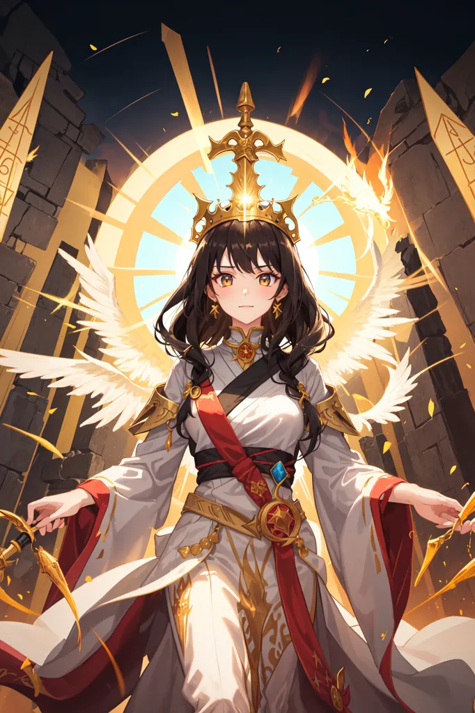 The image is an anime-style illustration of a young woman with long brown hair and brown eyes. She is wearing a white and gold dress with a red sash and a gold crown. She has a pair of white wings and is holding two swords. She is standing in front of a stone archway with a bright light behind her.