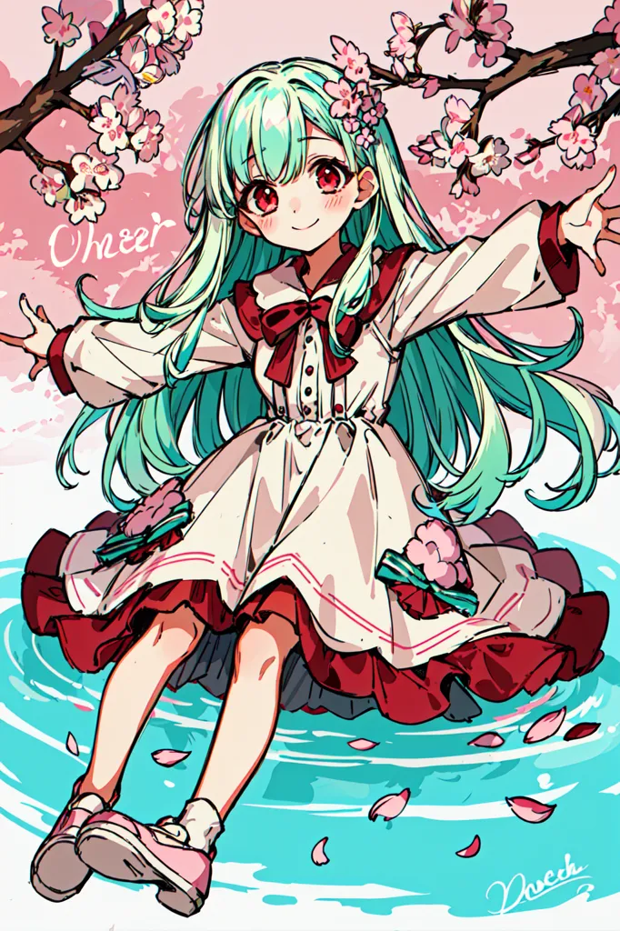 The image is a drawing of a girl with long green hair and red eyes. She is wearing a white dress with a red ribbon and a red skirt. She is sitting on a rock in a river, and there are cherry blossoms falling around her. The background is pink, and there are cherry blossom branches at the top of the image. The girl is smiling and has her arms outstretched.