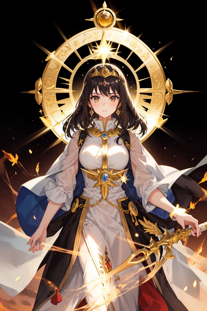 This image shows an anime-style girl with long brown hair and brown eyes. She is wearing a white and gold dress with a blue sash. She is also wearing a golden crown and holding a sword. She is standing in front of a large golden circle with a sun symbol in the middle. The background is dark with a few orange and yellow lights in the background.