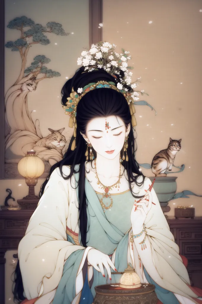 The image is a painting of a Chinese woman in traditional dress. She is sitting in a room, with a cat on the table next to her and another cat on a tree outside the window. The woman is wearing a white and blue dress with a long white scarf. She has long black hair with white flowers in it. She is holding a pair of chopsticks. The background of the image is a wall with a painting of a tree on it.