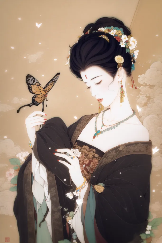 La imagen es una pintura de una mujer china con vestimenta tradicional. Lleva una bata negra y roja con intrincados diseños florales y dorados. La mujer tiene el cabello negro largo con flores blancas y accesorios dorados para el cabello. También lleva un collar y pendientes. La mujer está de pie en un jardín con una mariposa en el dedo. El fondo es de un color amarillo claro con nubes y más flores. La pintura está hecha en un estilo realista y la mujer se representa con gran detalle.