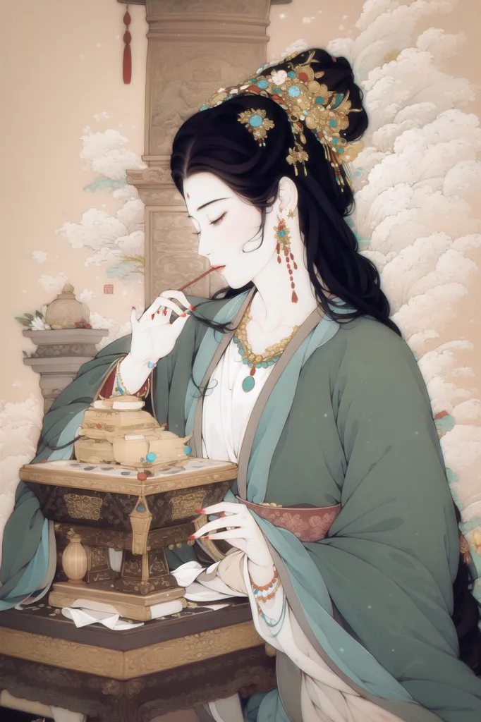 The image shows a Chinese woman in traditional Hanfu dress. She is sitting at a table, writing something with a brush. The woman is wearing a green robe with a white underskirt. The robe has a high collar and is decorated with gold and silver thread. The woman's hair is long and black, and she is wearing a number of hair ornaments. She is also wearing a number of pieces of jewelry, including a necklace, earrings, and bracelets. The background of the image is a Chinese landscape, with mountains, clouds, and trees.