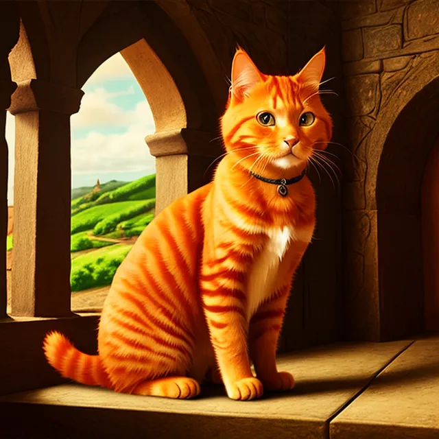 The image shows an orange cat sitting on a stone ledge in front of a large arched window. The cat has white paws and a white belly, and is looking out the window. The window is open, and there is a view of a green landscape with rolling hills in the distance. The cat is wearing a black collar with a tag on it. The ledge that the cat is sitting on appears to be in some sort of castle or other type of large building.