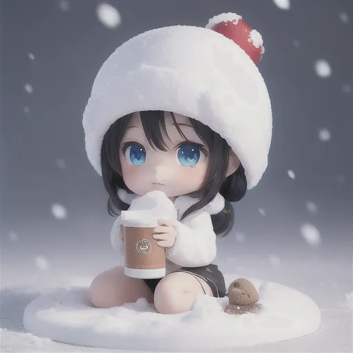 The image shows a chibi girl with big blue eyes and brown hair wearing a white and red winter hat and a white coat with a fur collar. She is sitting on a snowy ground and holding a cup of coffee with both hands. There is a small brown acorn next to her. The background is a snowy landscape with snowflakes falling.