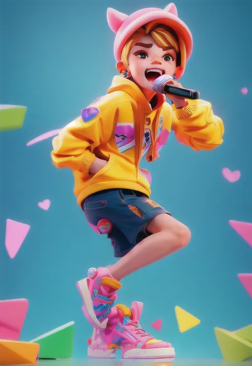 The image shows a young boy singing into a microphone. He is wearing a yellow jacket, blue shorts, and pink sneakers. He has a cat-eared hat on and is surrounded by colorful confetti. The background is blue with geometric shapes.