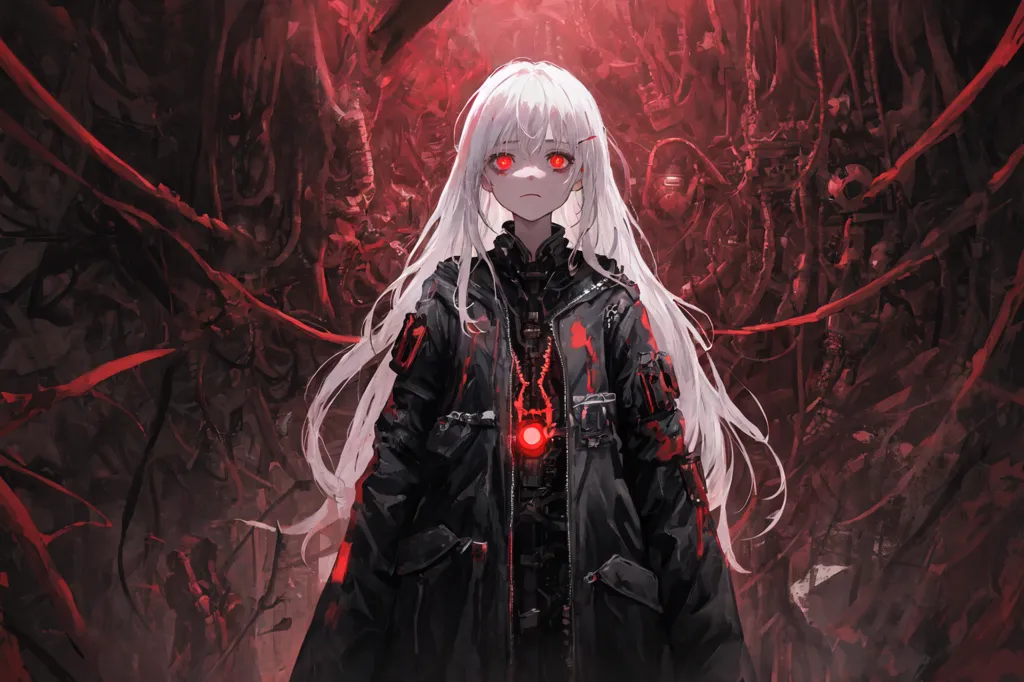 The image is a painting of a young woman with long white hair and red eyes. She is wearing a black coat with red details and a red orb on her chest. She is standing in a dark, red environment with wires and other objects in the background. The painting is done in a realistic style and the woman's expression is one of sadness and resignation.