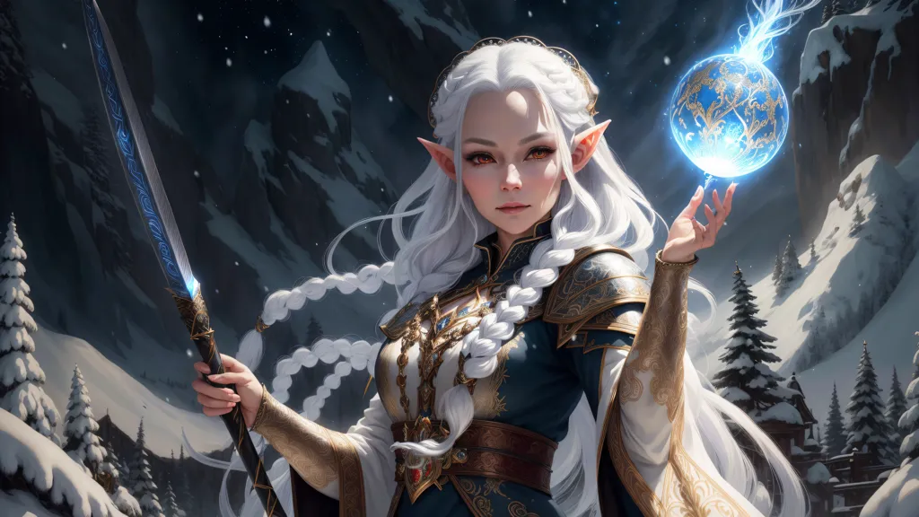 The image is of a beautiful elven woman with long white hair and blue eyes. She is wearing a blue and white dress with gold trim and a gold necklace. She is also wearing a sword and a shield. She is standing in a snowy forest and is surrounded by mountains. In her right hand, she holds a glowing blue orb.