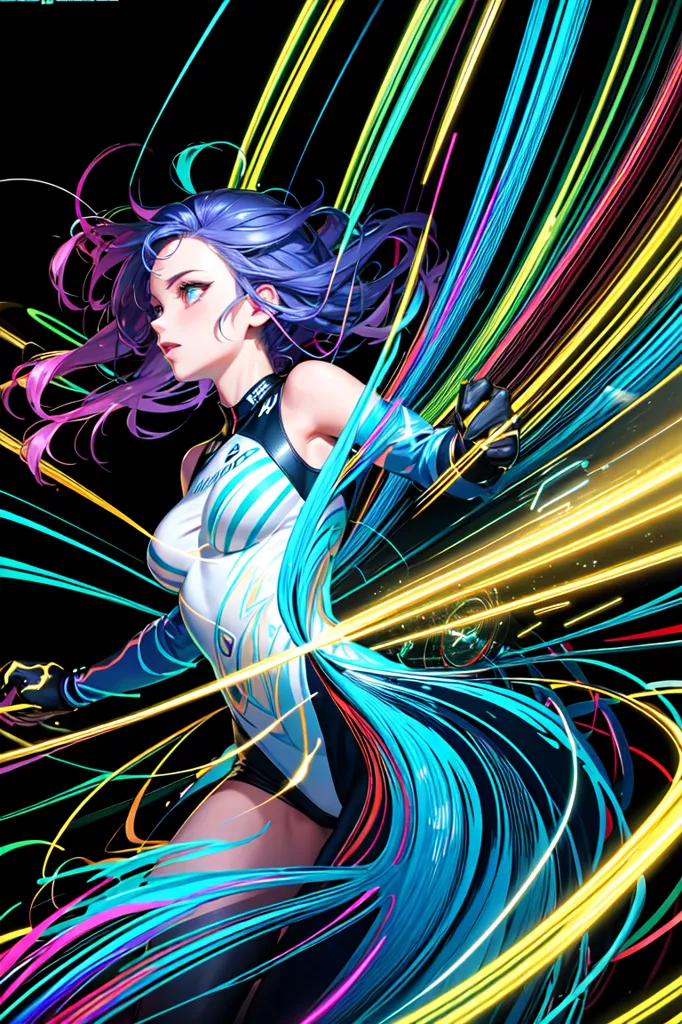 This is an image of a young woman with purple hair. She is wearing a white and blue bodysuit. She is standing in a black background with colorful lines surrounding her. She has a serious expression on her face.