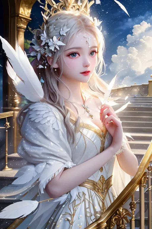 The image is of a beautiful woman with long blonde hair and blue eyes. She is wearing a white dress with a gold crown on her head and has a white cape with large white feathers. She is standing on a marble staircase with a gold railing. There are white clouds and a blue sky in the background.