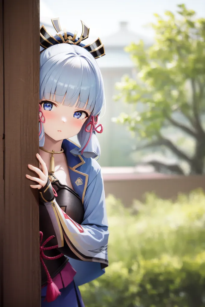 The image is of a young girl with blue hair and blue eyes. She is wearing a traditional Japanese kimono and is standing in a garden. The girl has a shy expression on her face and is looking at the viewer from around a door frame.