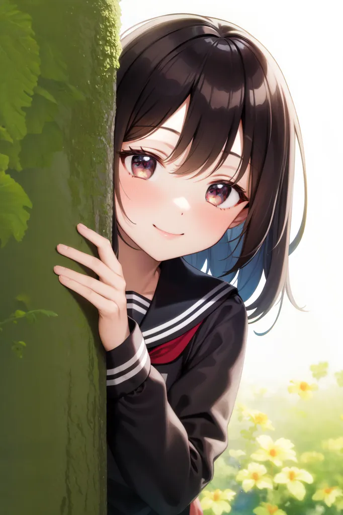 The image is a portrait of a young girl with long dark brown hair and brown eyes. She is wearing a black sailor-style school uniform with a red bow tie. She is standing behind a tree, peeking out at the viewer with a shy smile on her face. The background is a blur of green leaves and yellow flowers.