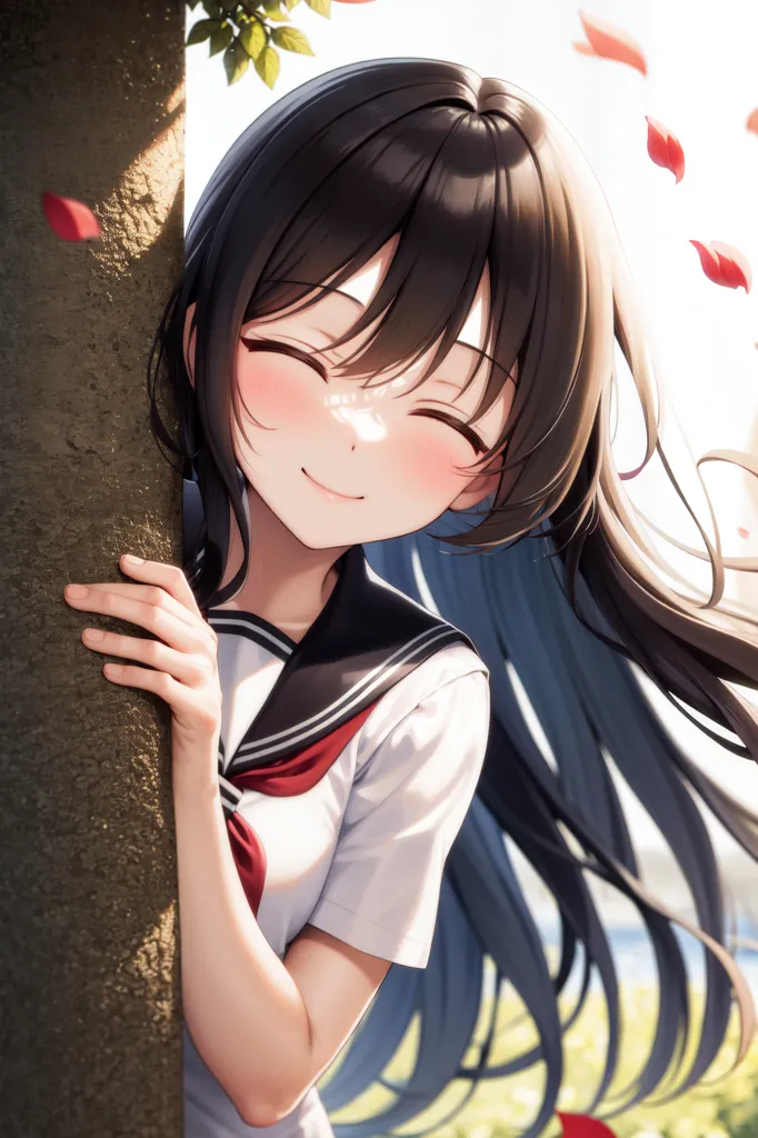 The image is a portrait of a young girl with long black hair and brown eyes. She is wearing a white shirt with a blue collar and a red tie. She is leaning against a tree and smiling. The background is a blur of green leaves. The girl is leaning against the tree with her left hand and has her right hand on her chest. She is looking at the viewer with a happy expression on her face.