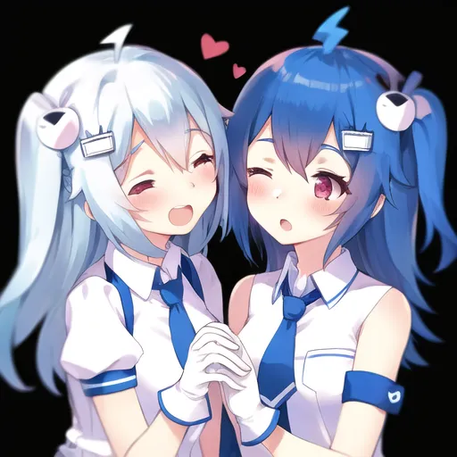 This image depicts two anime-style girls with bright, pastel-colored hair holding hands. The girl on the left has white hair and blue eyes, while the girl on the right has blue hair and red eyes. They are both wearing white shirts with blue ties and have small, white, bear-like ears. The background is black with a few small, white hearts floating around.