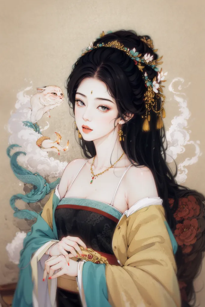 The picture shows a beautiful young woman in ancient Chinese dress. She has long black hair, pale skin, and red lips. She is wearing a yellow and blue robe with a white undershirt. The robe has intricate gold and silver embroidery. She is also wearing a necklace with a large jade pendant. There is a white cat on her shoulder. The background of the picture is a light beige color with a few wispy blue clouds.