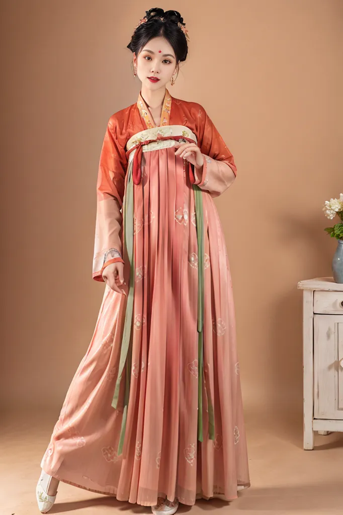 The image shows a young woman wearing a traditional Chinese dress called a Hanfu. The dress is orange and pink with white and green accents. The woman has her hair in a bun and is wearing traditional Chinese makeup. She is standing in front of a white background with a vase of flowers on her right.