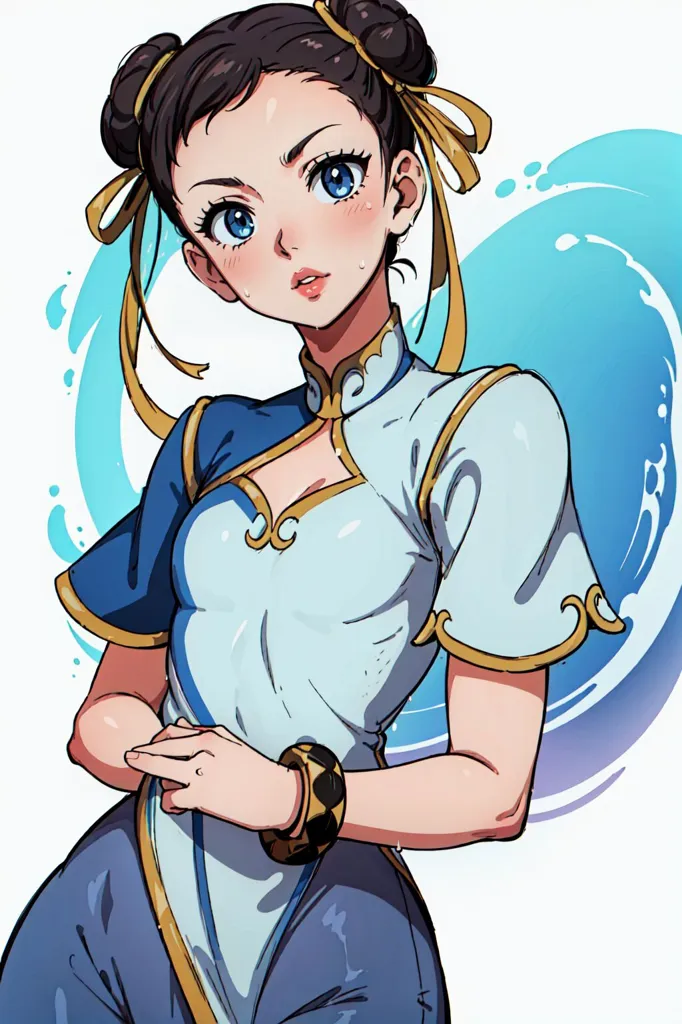 The image is of a young woman with brown hair tied in two buns. She is wearing a blue and white cheongsam with a high collar and a gold bracelet on her right wrist. She has blue eyes and is looking at the viewer with a slightly surprised expression. The background is white with a few splashes of blue water.