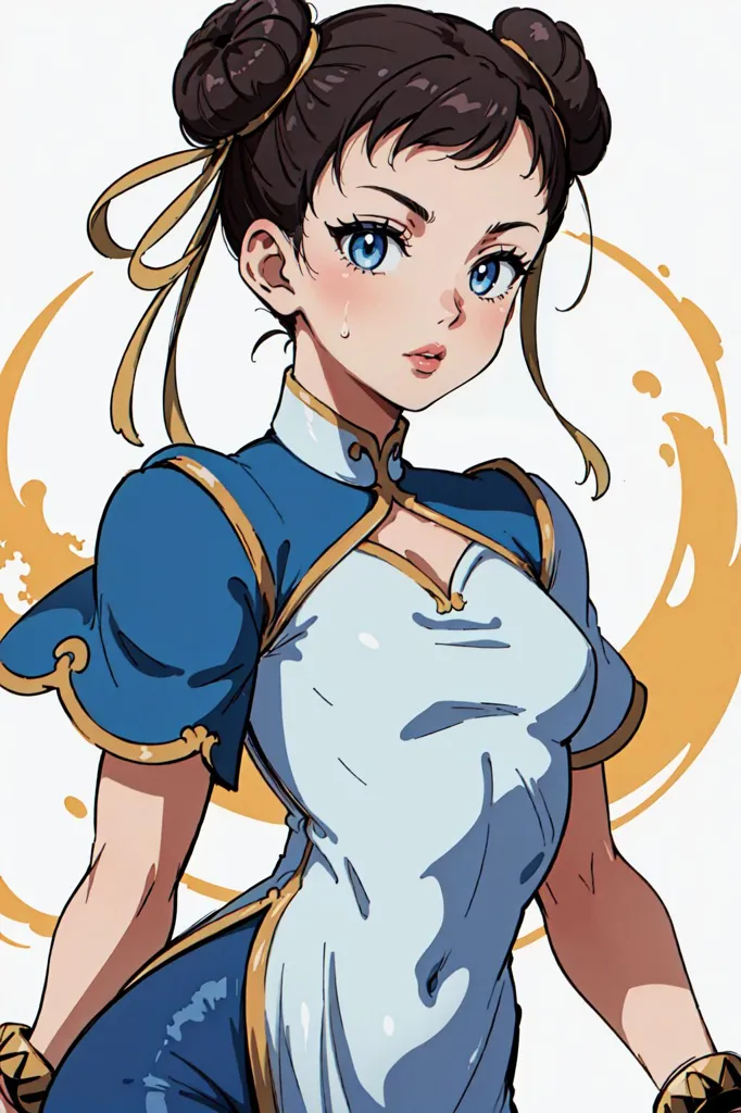 The image is of a young woman in a blue and white cheongsam. She has brown hair tied up in two buns, blue eyes, and a determined expression on her face. She is standing with her fists raised in a fighting stance. The background is a simple white color.