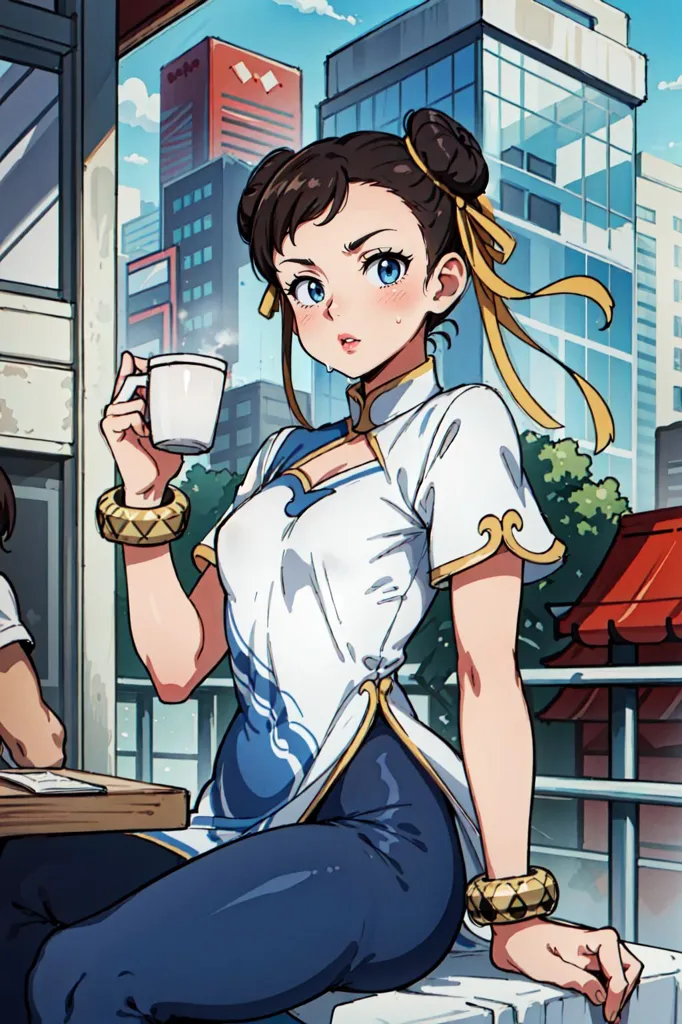 The image is of Chun-Li from the Street Fighter series. She is sitting on a railing in front of a city skyline. She is wearing her classic outfit, a white and blue qipao with blue pants. She has her hair in a bun and is wearing yellow ribbons. She is holding a coffee cup in her right hand. She has a serious expression on her face.